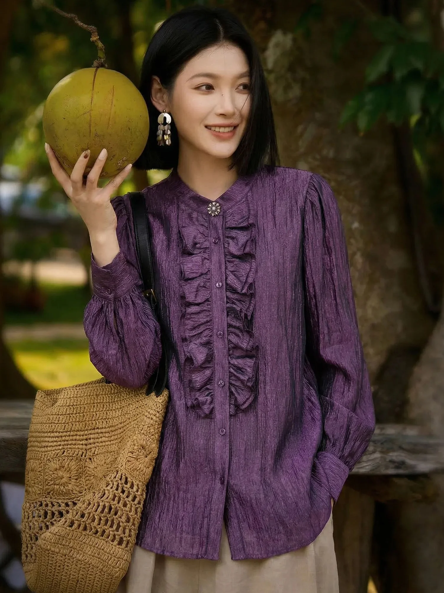

Elegant Vintage Purple Shirt with Wood Grain Ruffle Bubble Sleeve Women's Summer Long Sleeve Commute Style Slimming Top