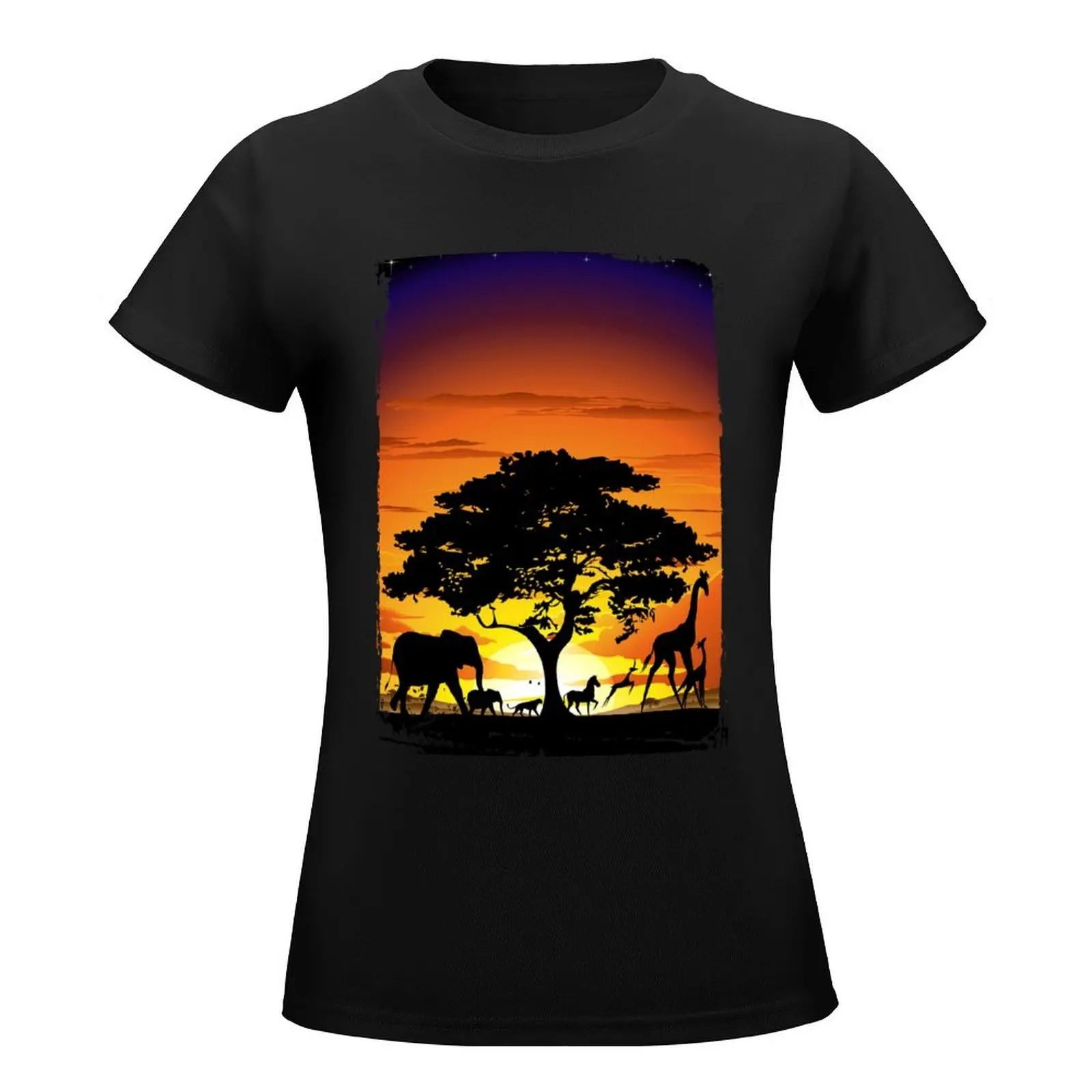 Wild Animals on African Savanna Sunset T-Shirt summer clothes sports fans tshirts for Women