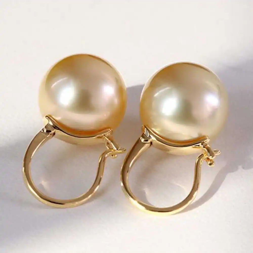 Lucky 12MM Champagne Shell Pearl Stud Earrings Aquaculture Wedding Jewelry Hook