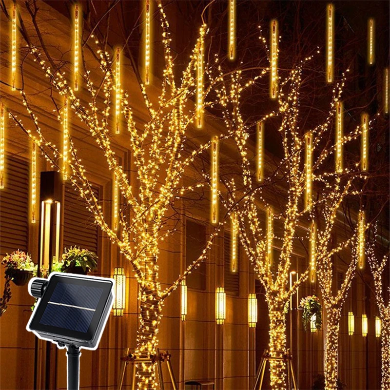 LED 8 Tube Solar Meteor Shower Rain String Lights 30/50cm Holiday Garland Fairy Light Outdoor Christmas Tree Wedding Decoration