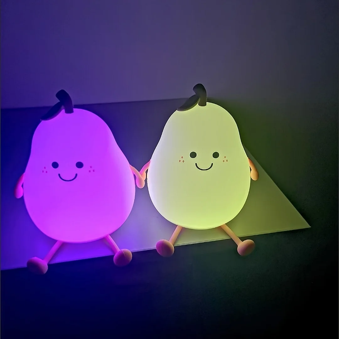 1pc Cute Pear Night Light Silicone Night Light USB Rechargeable Nursery Lamp LED Light Multicolor Night Lamp For Bedroom Gift