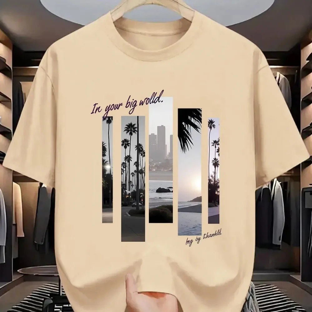 Fashionable American men's summer retro city scenery letter print micro elastic breathable round neck T-shirt outdoor casual top