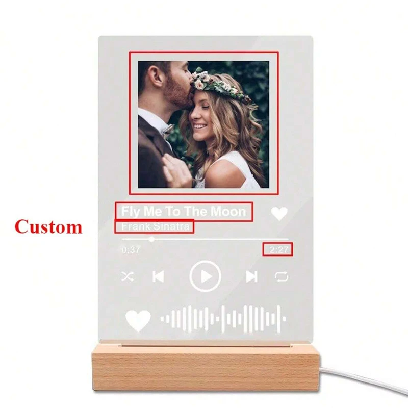 Personalized Song Photo Frame Night Light Customized Photo Text Lamp with Wooden Base 3D Acrylic Night Light for Wedding Decor