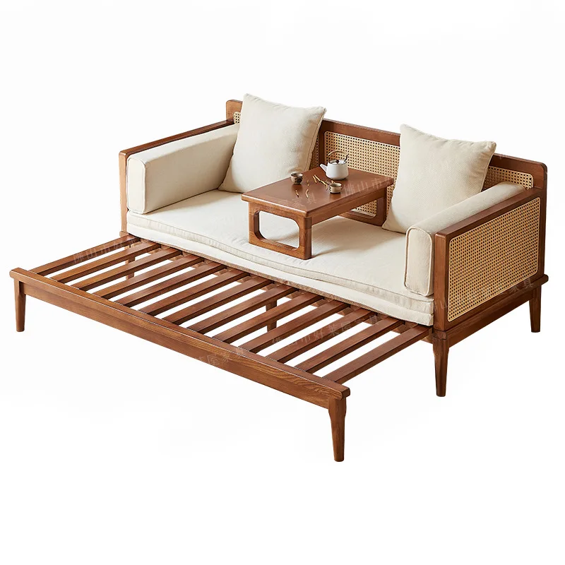 

Sliding sofa bed solid wood new Chinese double sofa ash wood simple modern small apartment rattan