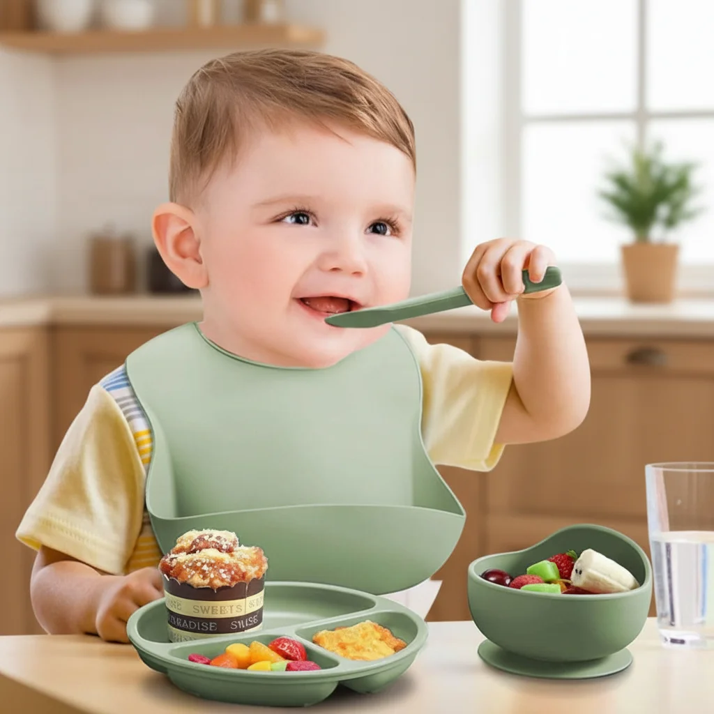 

8/5Pcs Food Grade Silicone Children's Rice Bowl Set with Spoon Straw Cup Baby Dish Set Suction Cup Design Bibs Toddler Dishes