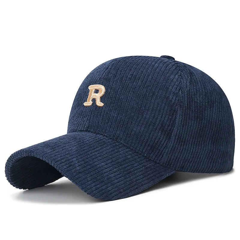 Fall and Winter Accessory Corduroy Baseball Cap with 3D Embroidered 'R' Letter Solid Color Adjustable Structured Hat