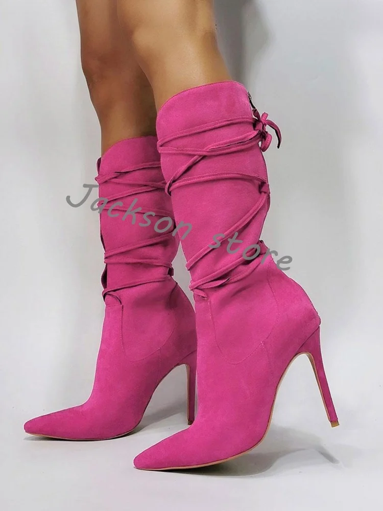 Women's Sexy Calf Boots Autumn Pointed Toe Strap Stiletto Heel Fashion Boots Suede Leather Comfortable Female Short Boots