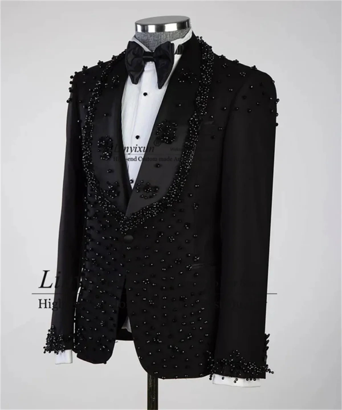 Luxury Pearl Beaded Men Suits Shawl Lapel Wedding Groom Tuxedos 3 Pieces Sets Business Male Prom Blazers Slim Fit Costume Homme