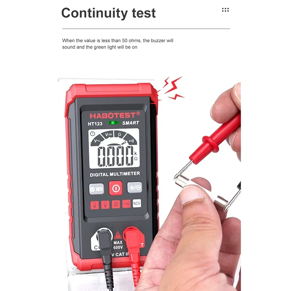 HT123 High Precision Digital Multimeter with NCV Detection and LED Flashlight Measures DC Voltage and Resistance Up to 600KΩ