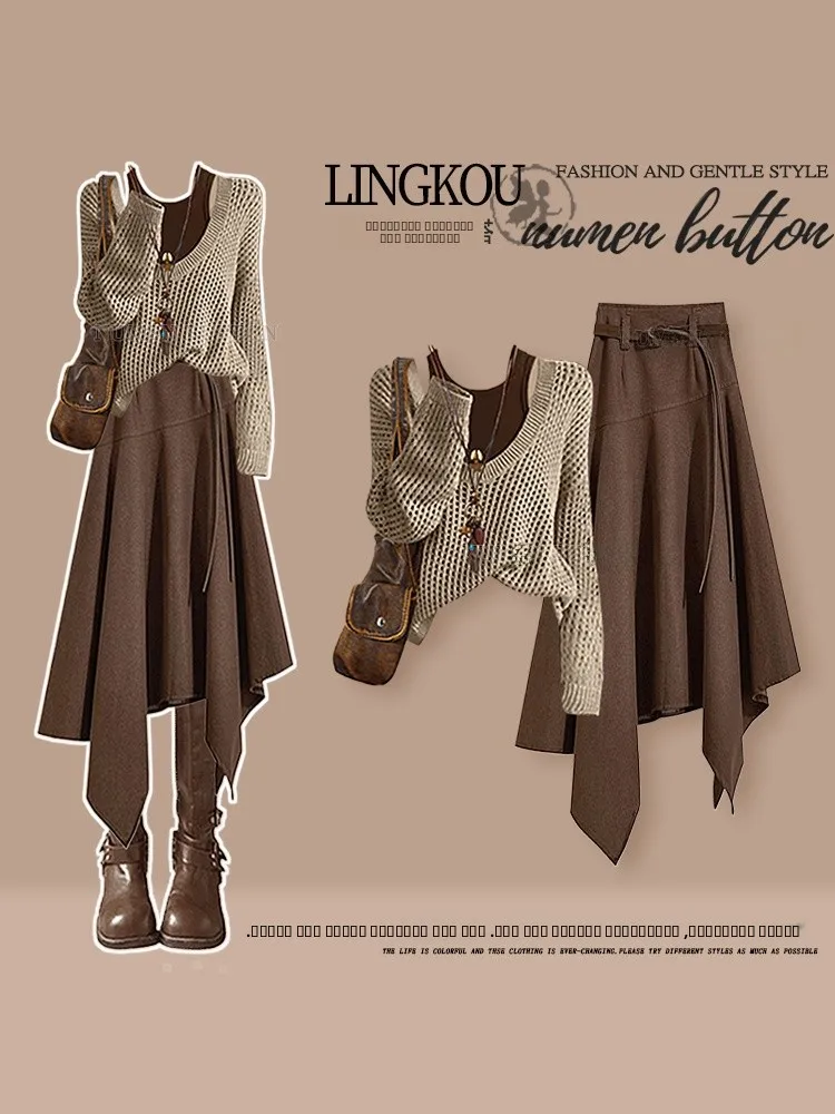 

Large Size Autumn Tourist Wear Set Women's Anti-Aging Cover up ter Vintage Slimming Skirt Tee Piece Set