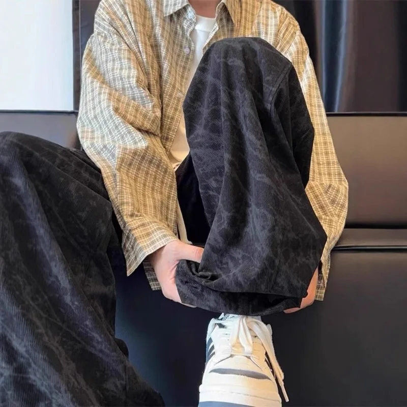 Men's Tie-dye Wide-leg Pants Trendy Full-print Straight-line Casual Trousers Elastic Waist High Street Drooping Sweatpants