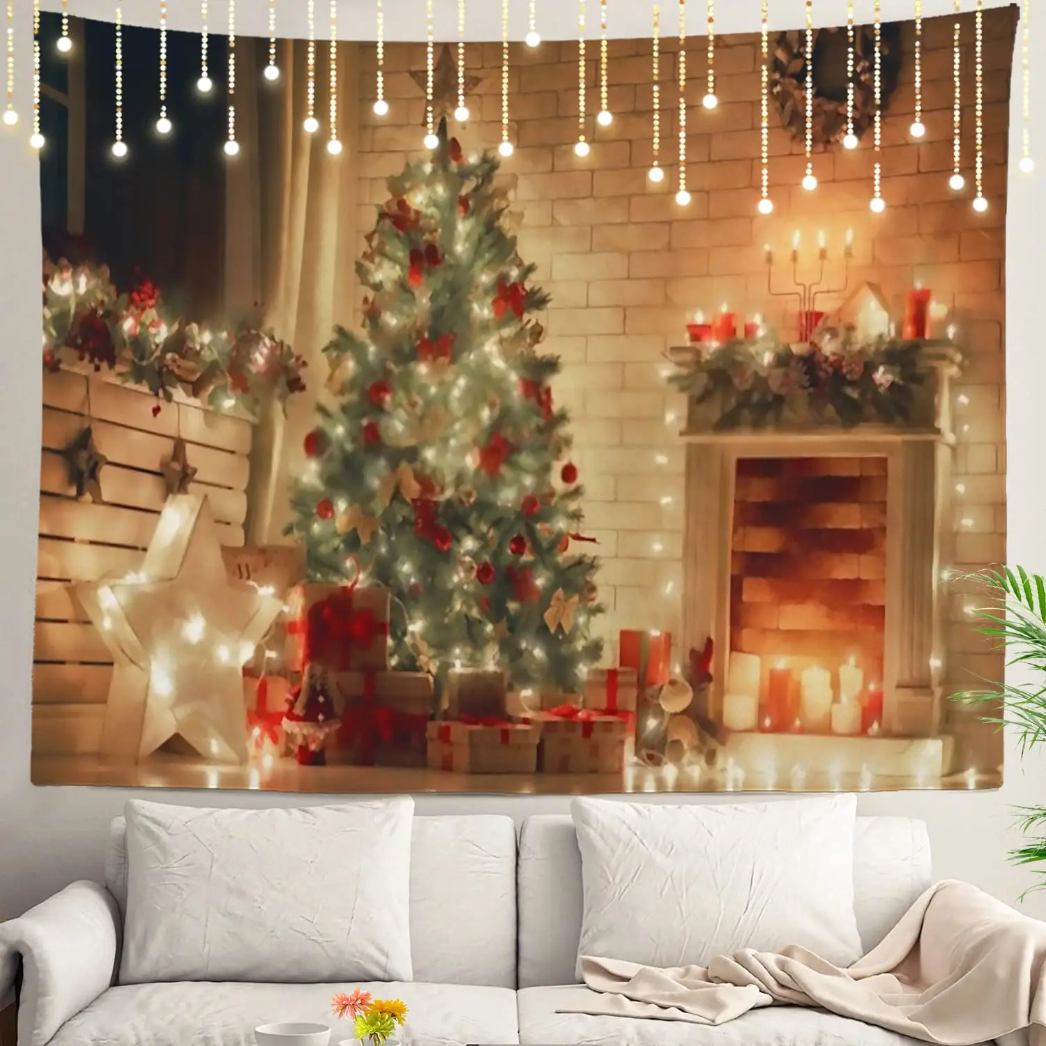 Christmas Tree Wall Tapestry,Decorated with Lights and Gifts Wall Hanging Large Tapestry Polyester for Dorm Living Room Bedroom