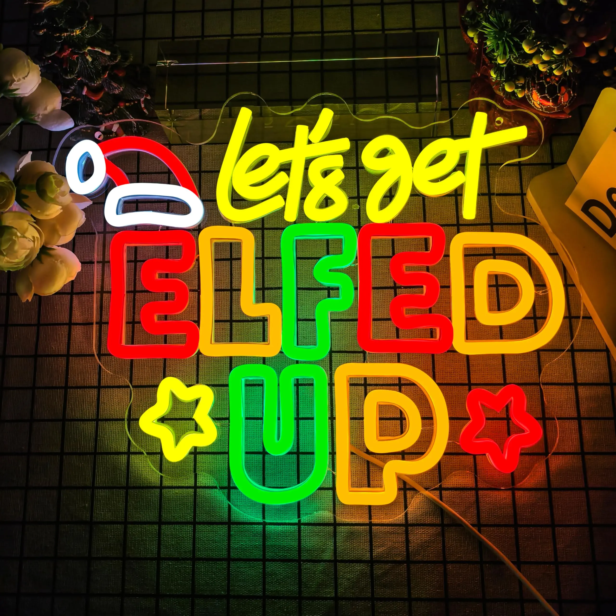 Неоновая вывеска Let's Get Elf UP, красочная вывеска с регулируемой яркостью, светящаяся вывеска, настенный декор для рождественской вечеринки, окна, детский подарок