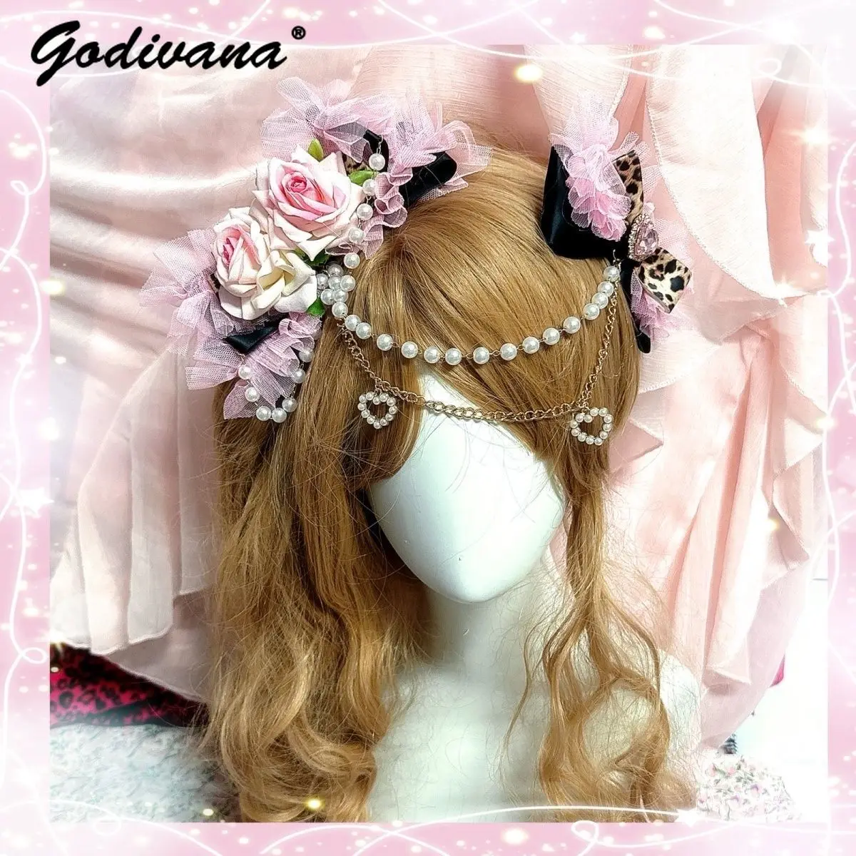 Hime Gyaru Ryousangata Style Lace Headband Leopard Print Chain Cross Decor Hairclip Japanese Subculture Lolita Headwear