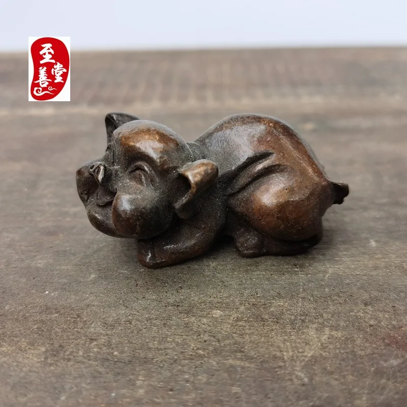 Antique Collection: Old Patina Alloy Bronze Living Room Decorative Ornament - Zodiac Laughing Pig5x3x2CM