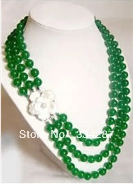 

3 row nobler 8mm green jades necklace shell flower clasp