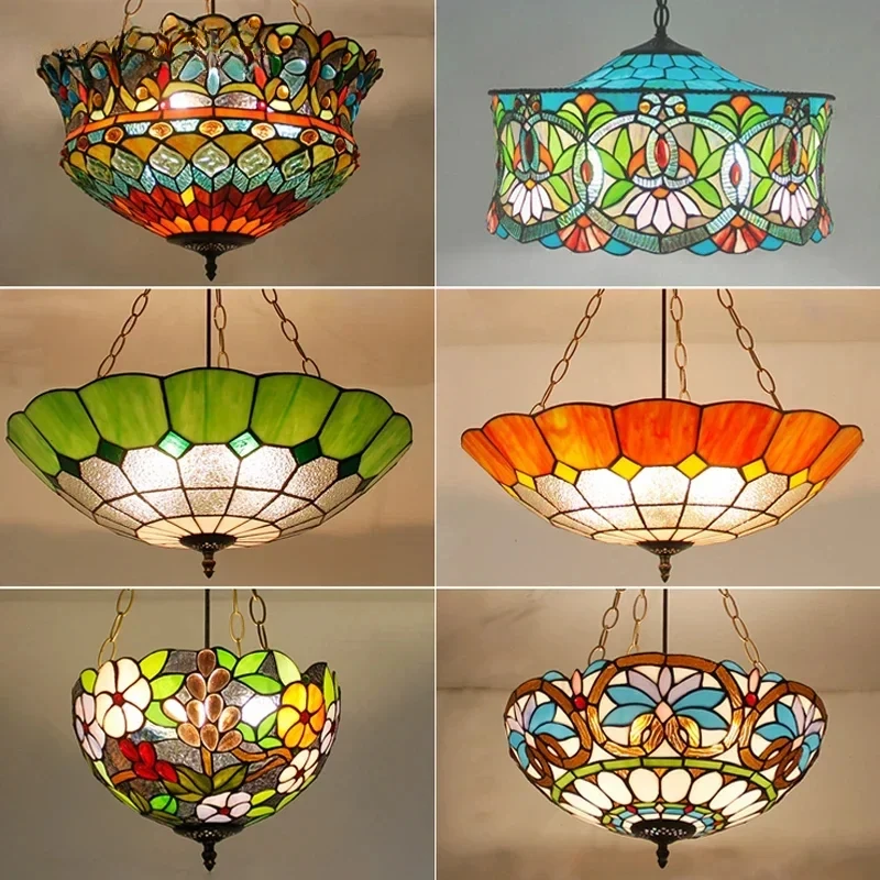Mediterranean Stained Glass LED Pendant Lights Vintage Restaurant Hotel Living Room Kitchen Art