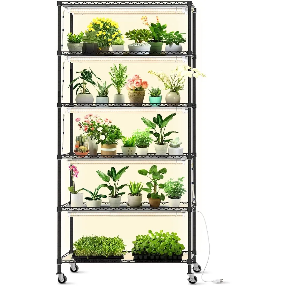 DIY Plant Shelf with Grow Light,Grow Light Shelf with Adjustable Rack and Wheels,Plant Stand, 8-Pack 192W T8 3000K Full Spectrum