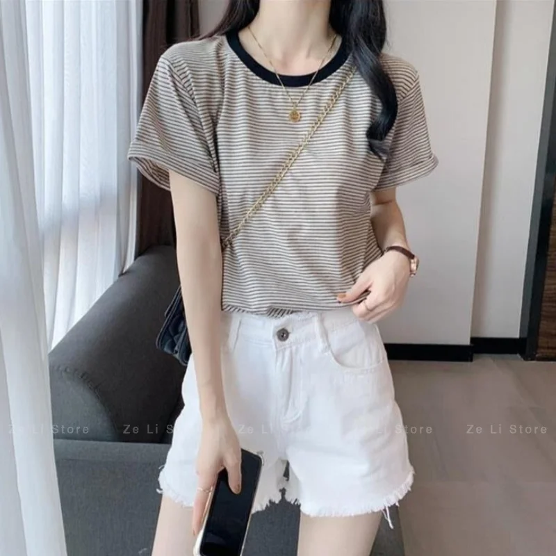 Contrast Colorstripes T-shirt Round Neck Loose Short Sleeve Women's Loose Bottom Shirt Summer 2026 Half Sleeve Tops