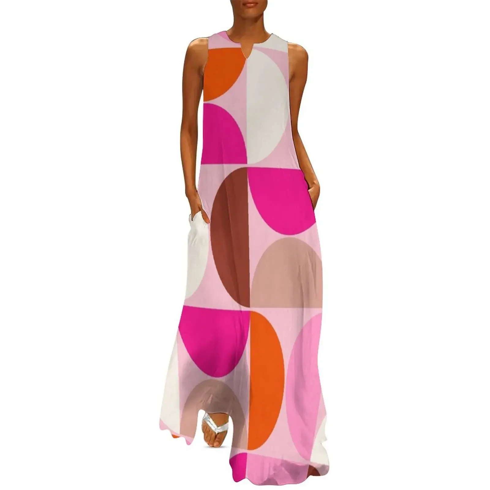 

Mid Century Modern Abstract Shapes Pink Orange And Brown Retro 70s Pattern Long Dress ladies dresses for special occasion Dress