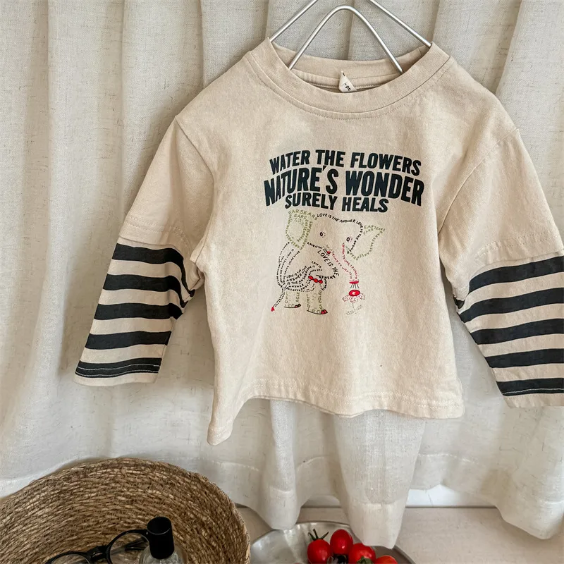 2024 Autumn New Children Long Sleeve T Shirts Boys Girls Cartoon Letter Print Bottoming Shirt Kids Casual Striped Pullover Tops