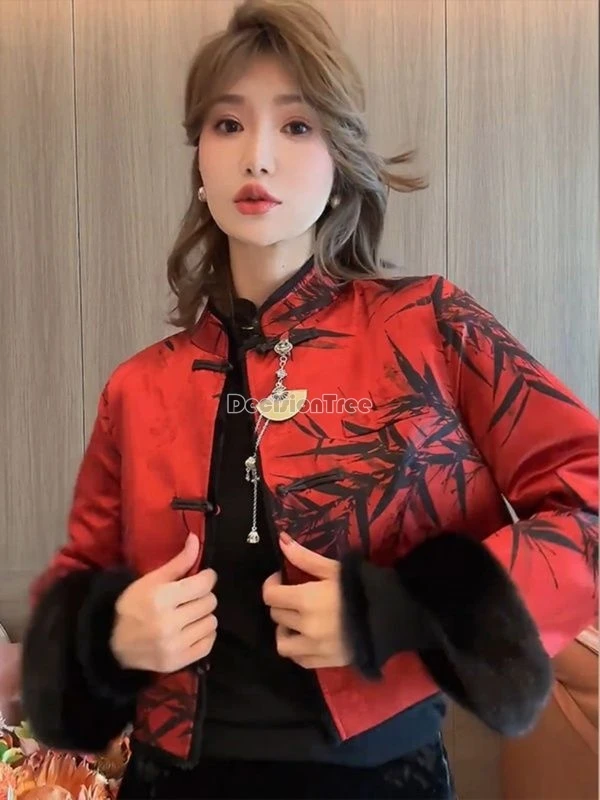 2026 chinese spring festival new red printed tang suit coat elegant warm thicken cotton garment retro temperameny versatile coat