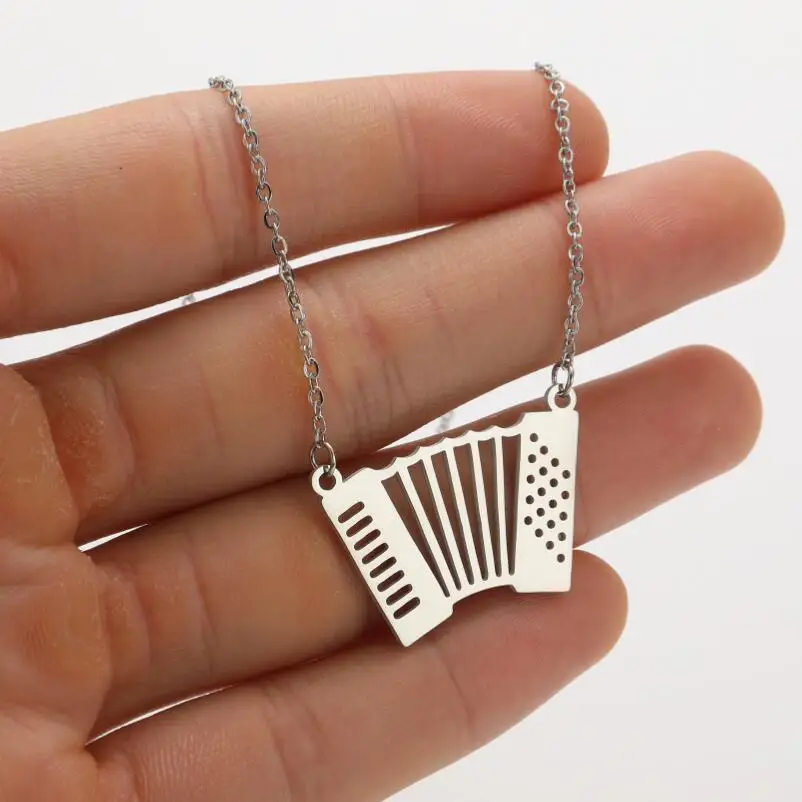 Shuangshuo Trendy Music Pendant Necklace for Women Men Stainless Steel Microphone Accordion Neck Chain Lucky Jewelry Gift