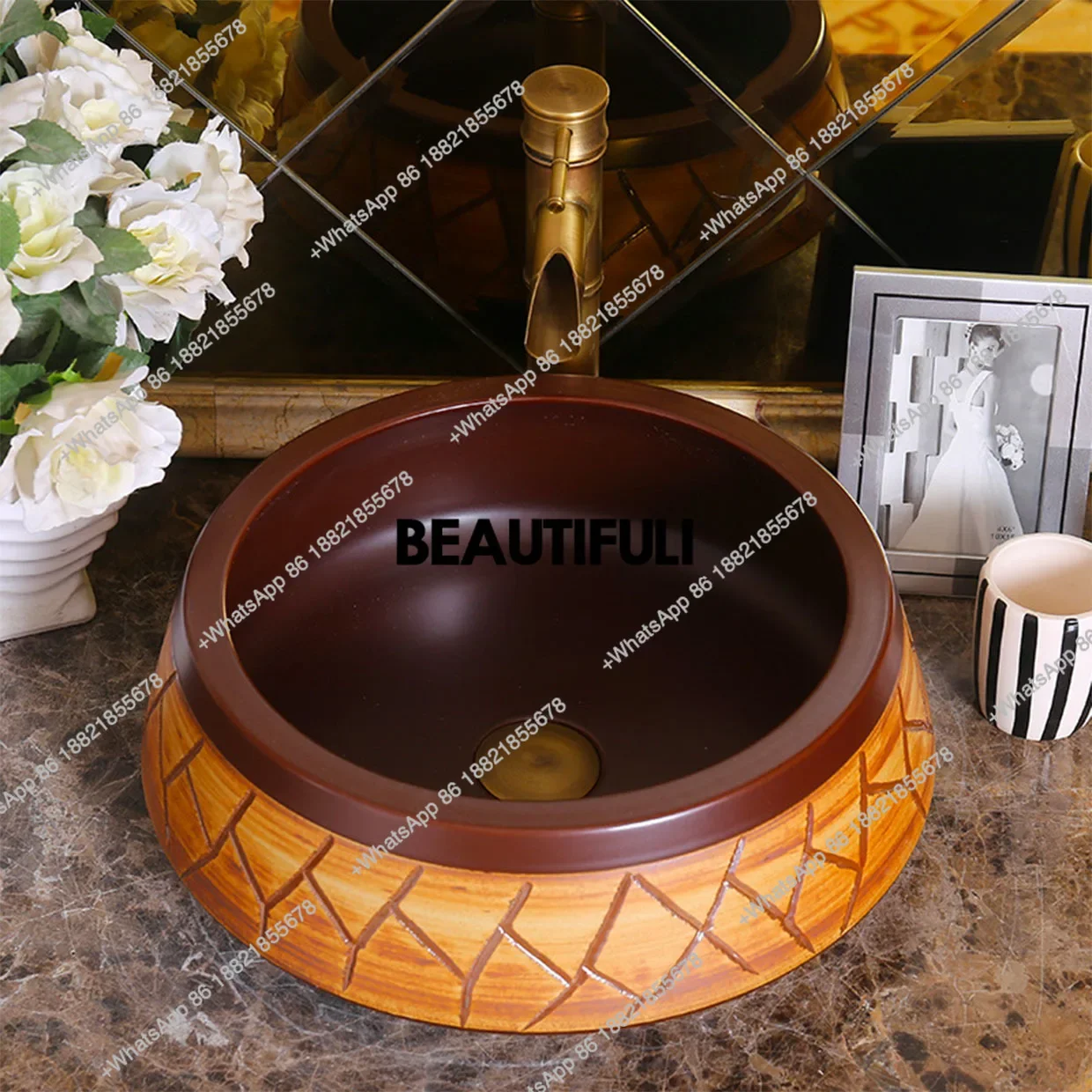 

HR Household Ceramic Countertop Sink Small Washbasin Retro Art Basin Bathroom Washbasin Balcony Washbasin Single Basin Bowl Ba
