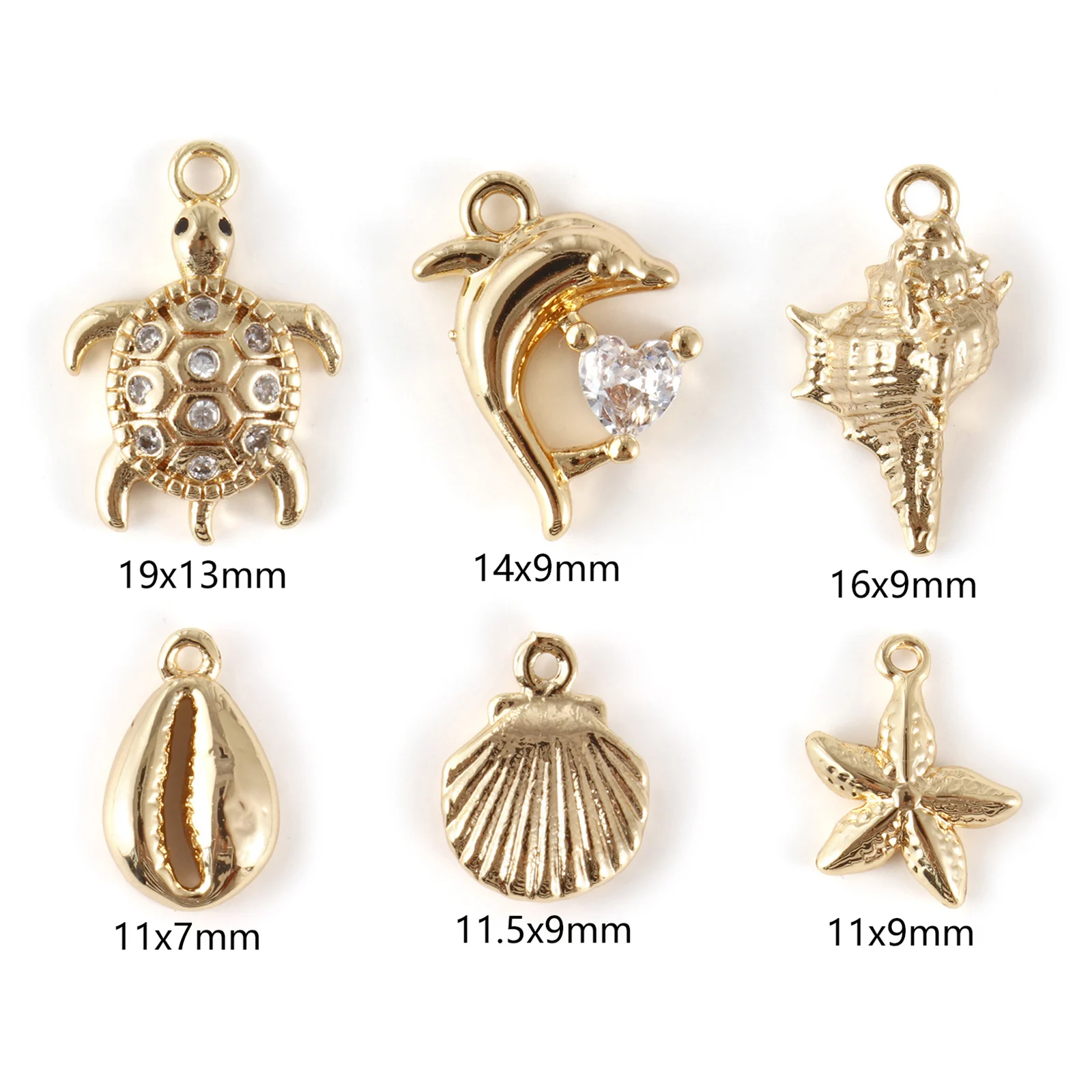 5pcs/set Ocean Shell 3d Brass Charms 18k Gold Plated With Transparent Zircon Marine Brass Pendant  Summer Necklace Findings