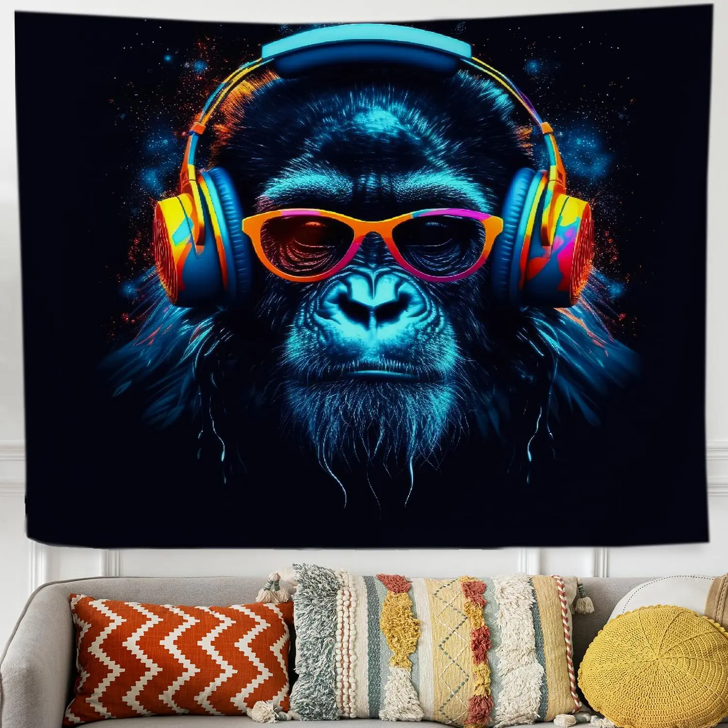 DJ Monkey Tapestry - Cool Gorilla with Headphones & Sunglasses, Neon Animal Wall Art, Music Room Decor, Bedroom Gaming,