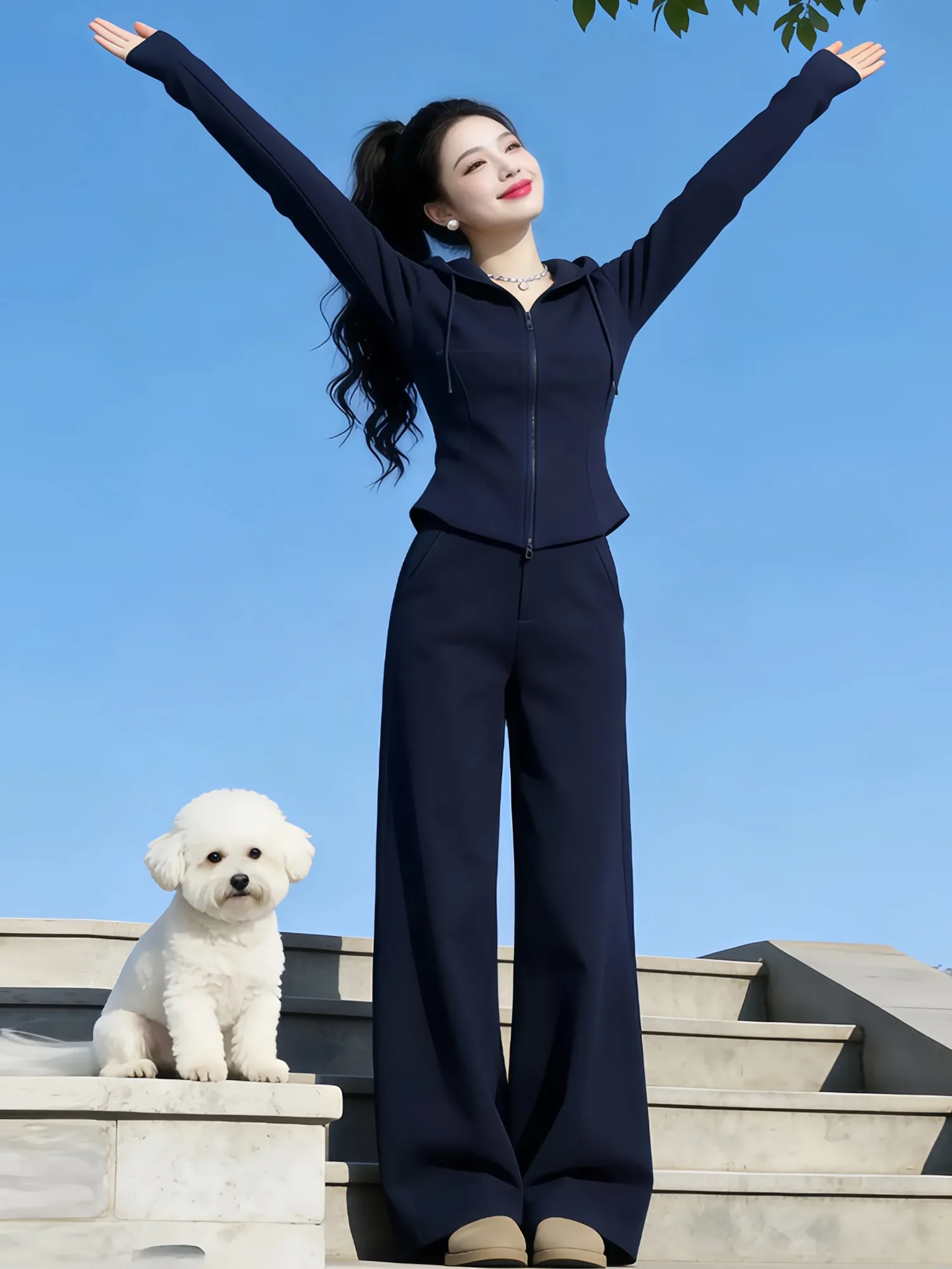 

Spring 2026 Women's Casual Style Pure Color Hoodie Sweatshirt Set High Waist Wide Leg Pants Two-Piece Set Breathable Medium T...