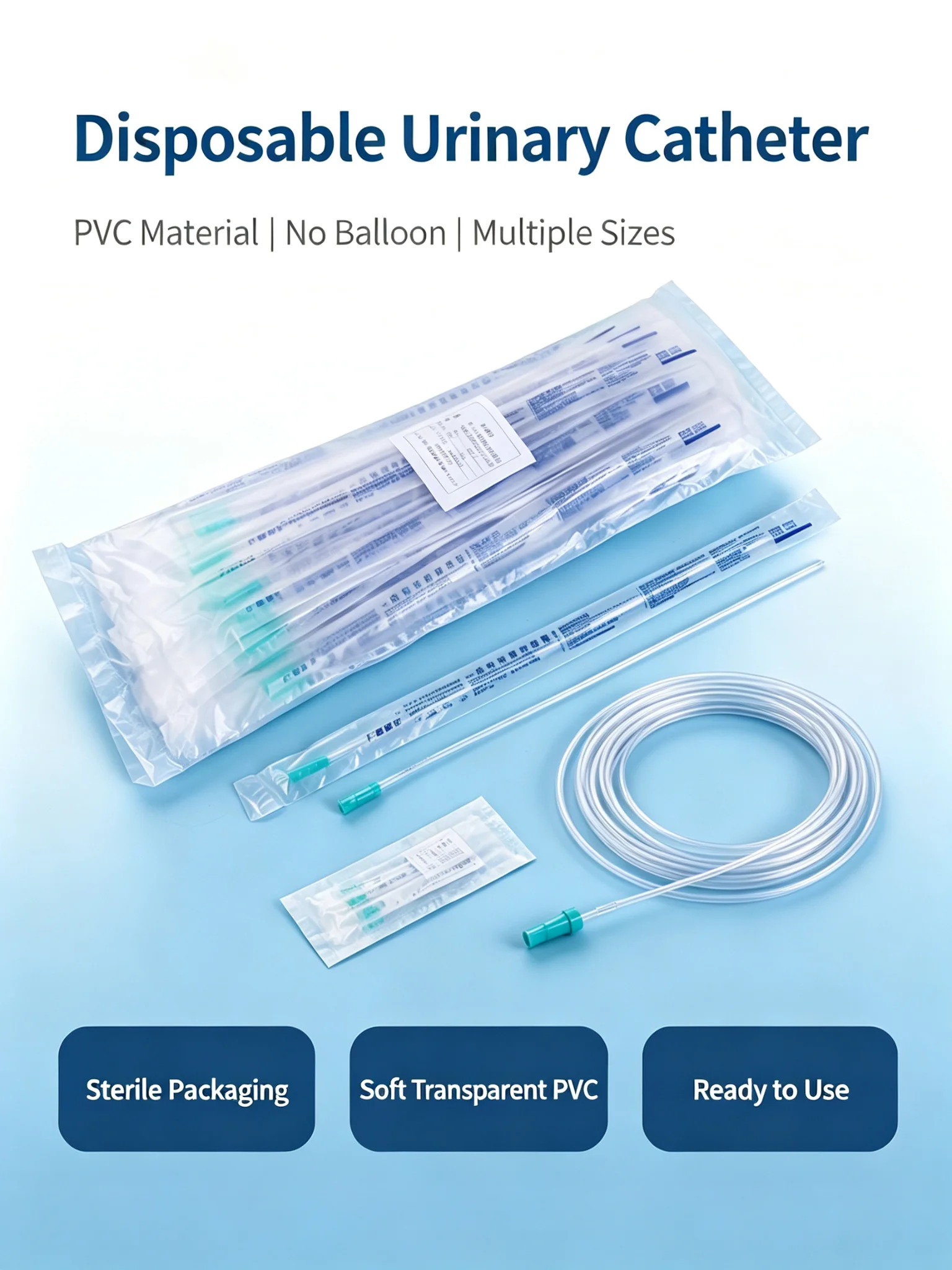 100 pcs/bag Fr 10 disposable PVC catheters, individually packaged, sterile and smooth