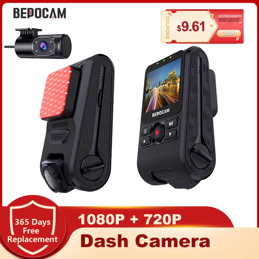 BEPOCAM Dash Cam 1080P Dash Camera for Car Loop Recording Night Vision G-sensor Car DVR with 720P Rear Lens App Control ZD06