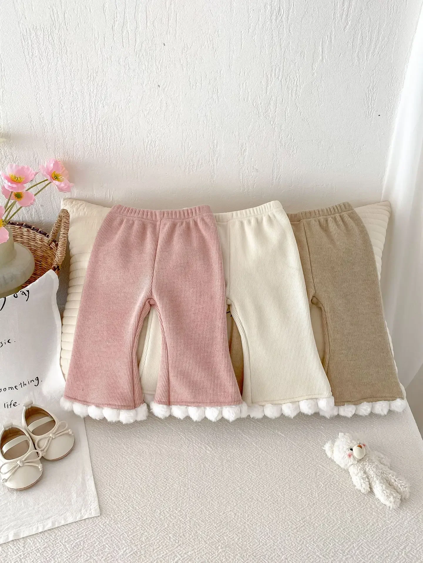 0-3 Y Winter Baby Children's Pants Toddler Thick Warm Trousers Trendy Girls Solid Wide Leg Pants Kid's Fur Lining Bell Bottom