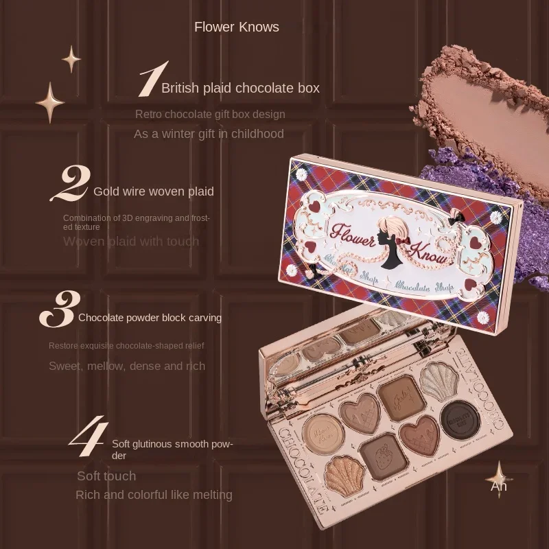 Flower Knows Chocolate Loja Eyeshadow Palette, Shimmer, Matte, Camaleão, Pressionado Glitter, Long Lasting Eye Shadow, 8 Cor