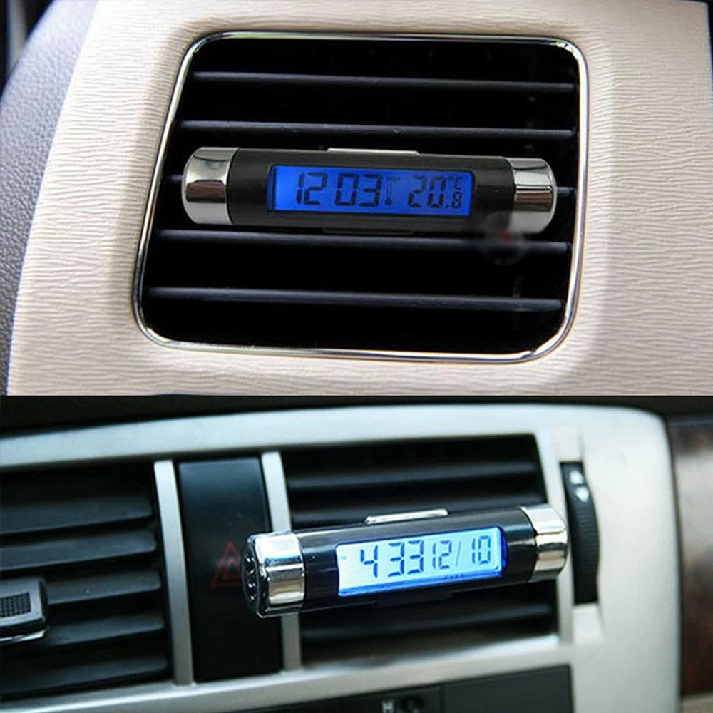 2 in 1 Air Vent Outlet Portable Auto Accessories Car Digital Time Clock Thermometer LCD Display Screen