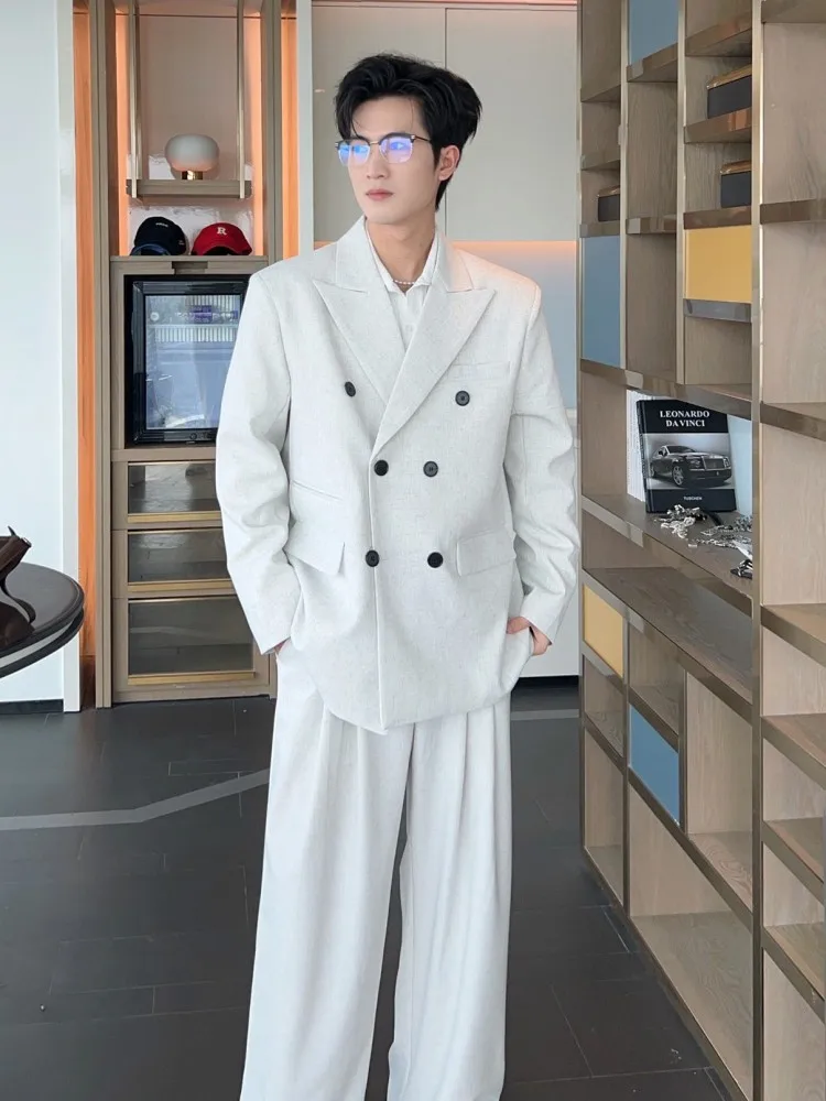 Fashion Mens Loose Fit Double Breasted Blazers Straight Pants Business Casual Suits Sets Office Mens Work Two Piece Set Outfit