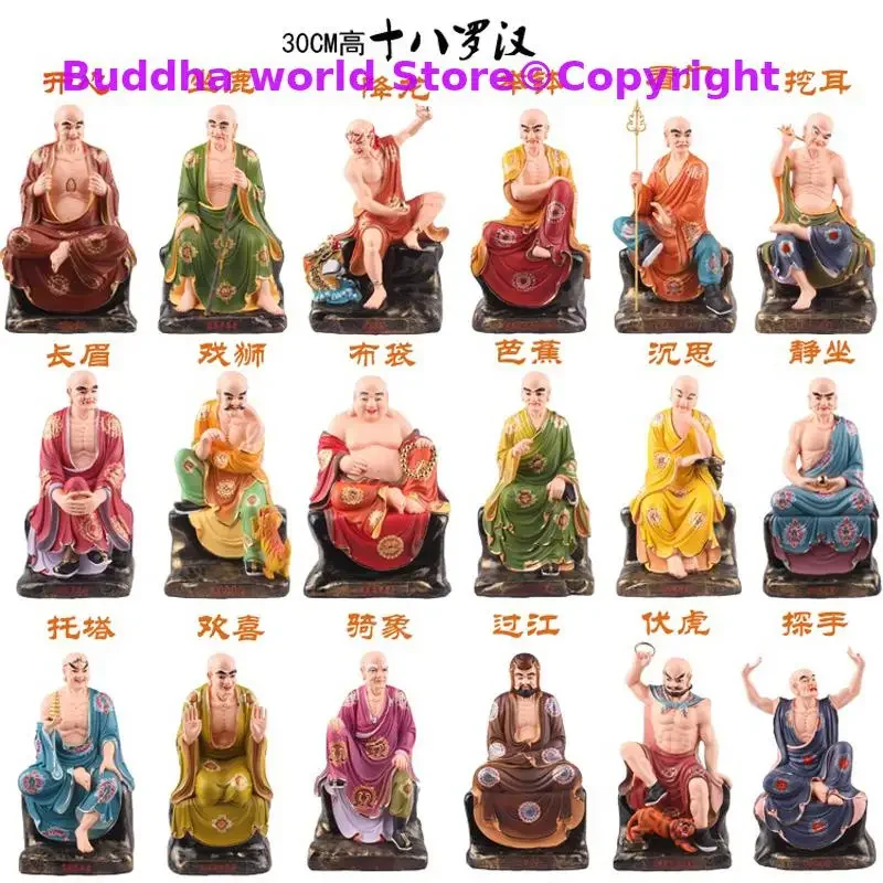 Large 18p Asia Buddhism temple HOME Altar 18 LUO HAN arhat Rohan buddha color statue exorcise evil spirit Effective protection