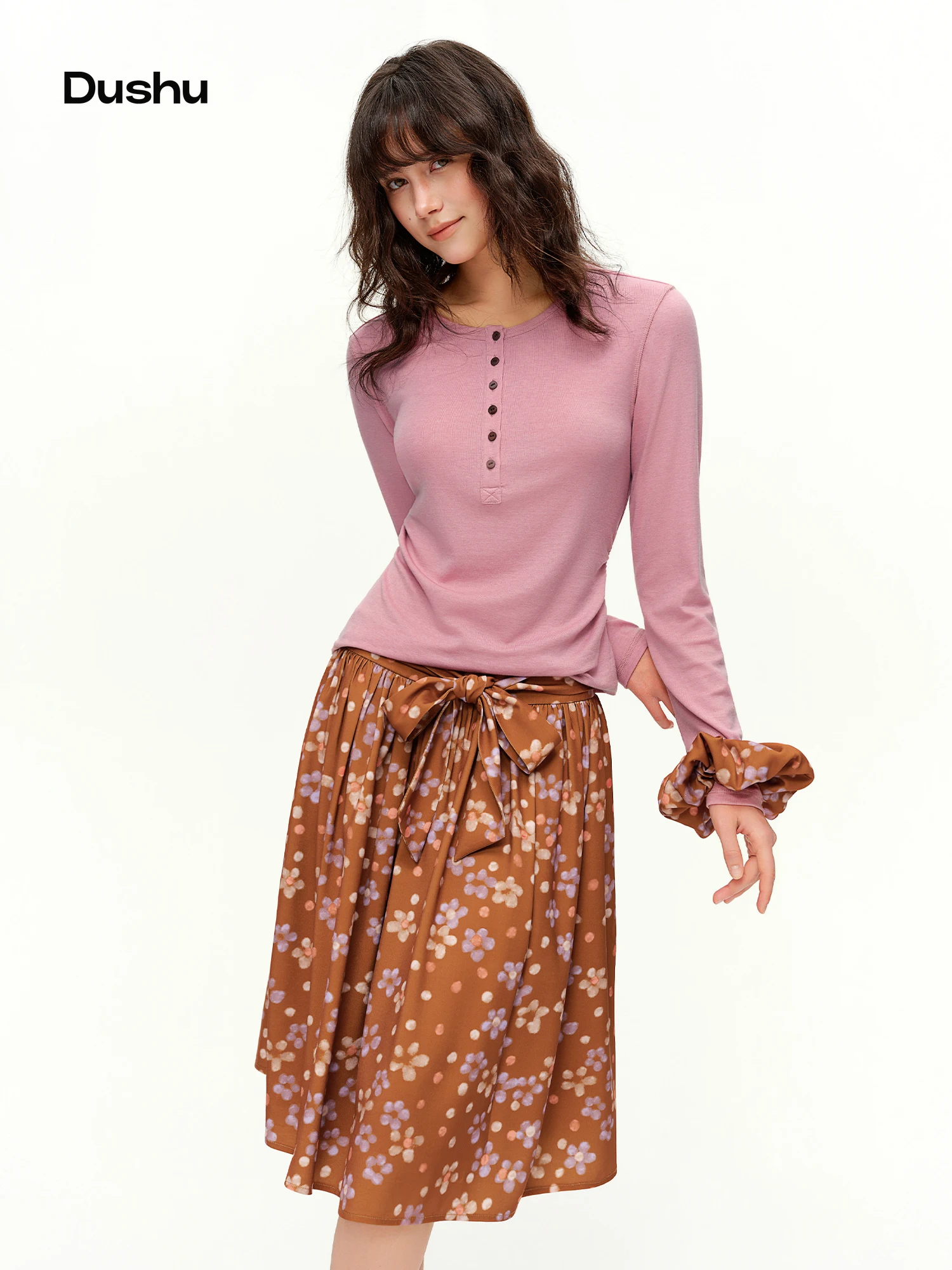 Conjunto Retro DUSHU para Mujer, Falda Midi con Estampado Floral, Cintura Alta, Corte en A, Camiseta Rosa de Manga Larga, Estilo Romántico Francés con Lazo para el Cabello