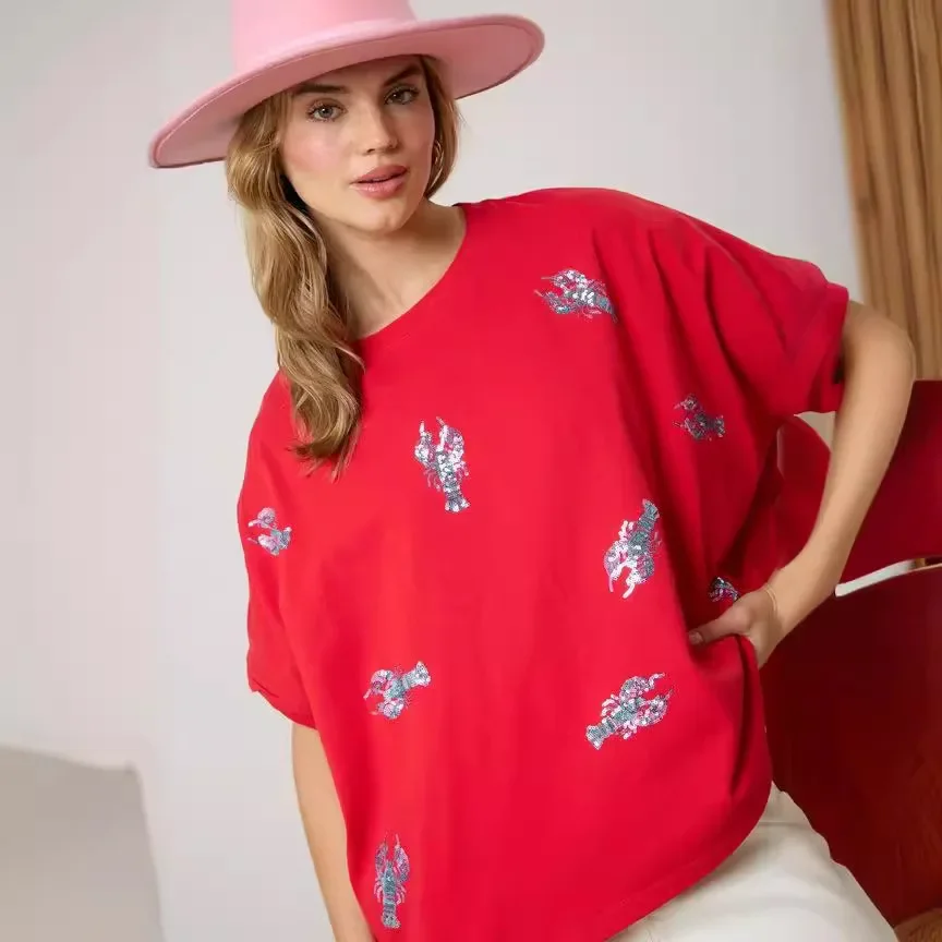 2024 Spring and Summer New European and American Clothing Loose Casual T-Shirt Top Lobster Sequin Short Sleeve