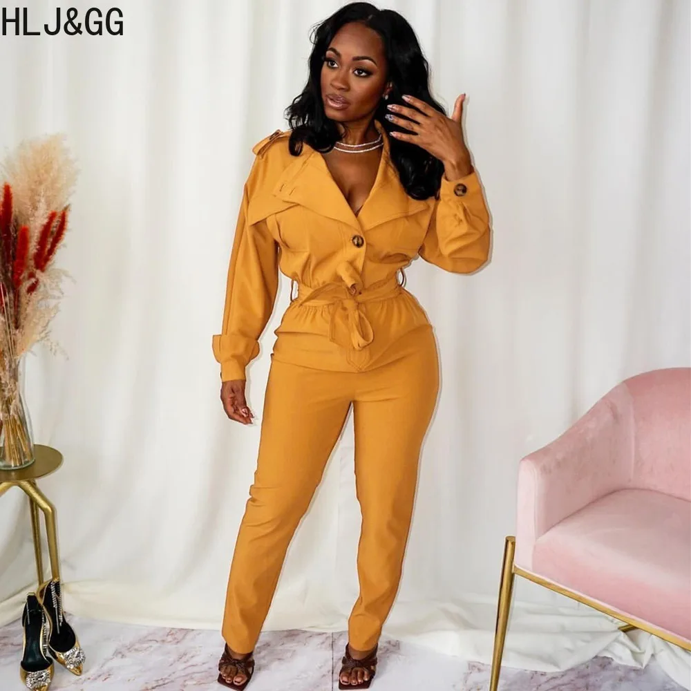 

HLJ&GG Casual Solid Color Sporty Jumpsuits Women Turndown Collar Long Sleeve Lace Up Playsuits Female Matching Overalls 2024 New