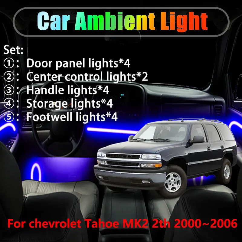 

For chevrolet Tahoe MK2 2th 2000~2006 GMC 2/18 in 1 Car ambient lighting Led trunk interior led lights USB RGB Ensemble Streamer