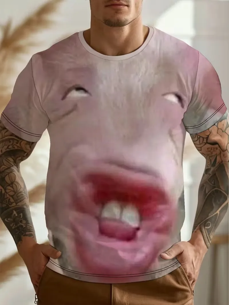 T-shirt à manches courtes pour hommes, imprimé en 3D avec visage de cochon moche, design animal amusant, décontracté, surdimensionné, streetwear
