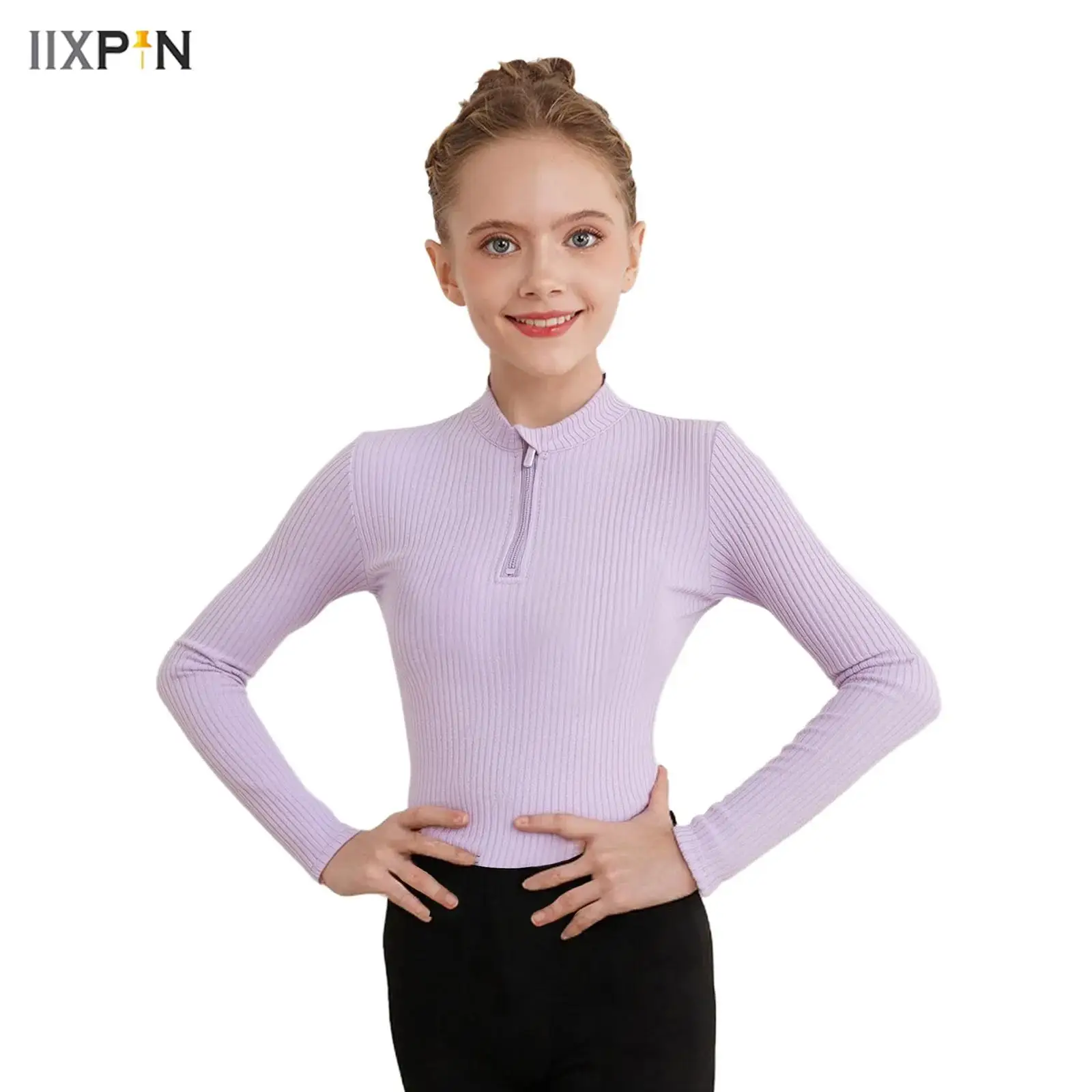 

Kids Girls Ribbed Ballet Dance Top Sweatshirt Stand Collar Long Sleeves Solid Color Pullover Tops Ballet Practic Dancewear