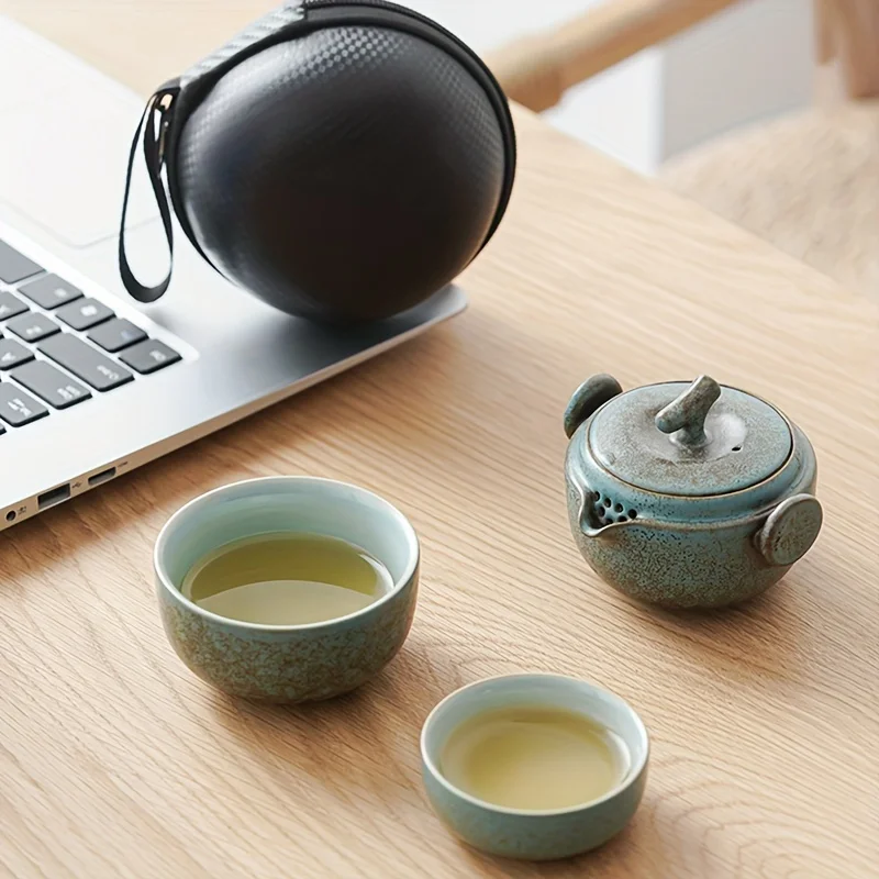 Japanese Style Portable Travel Ceramic Tea Set Handcrafted Tea Pot with 2 Cups And Carrying Case for Tea Making