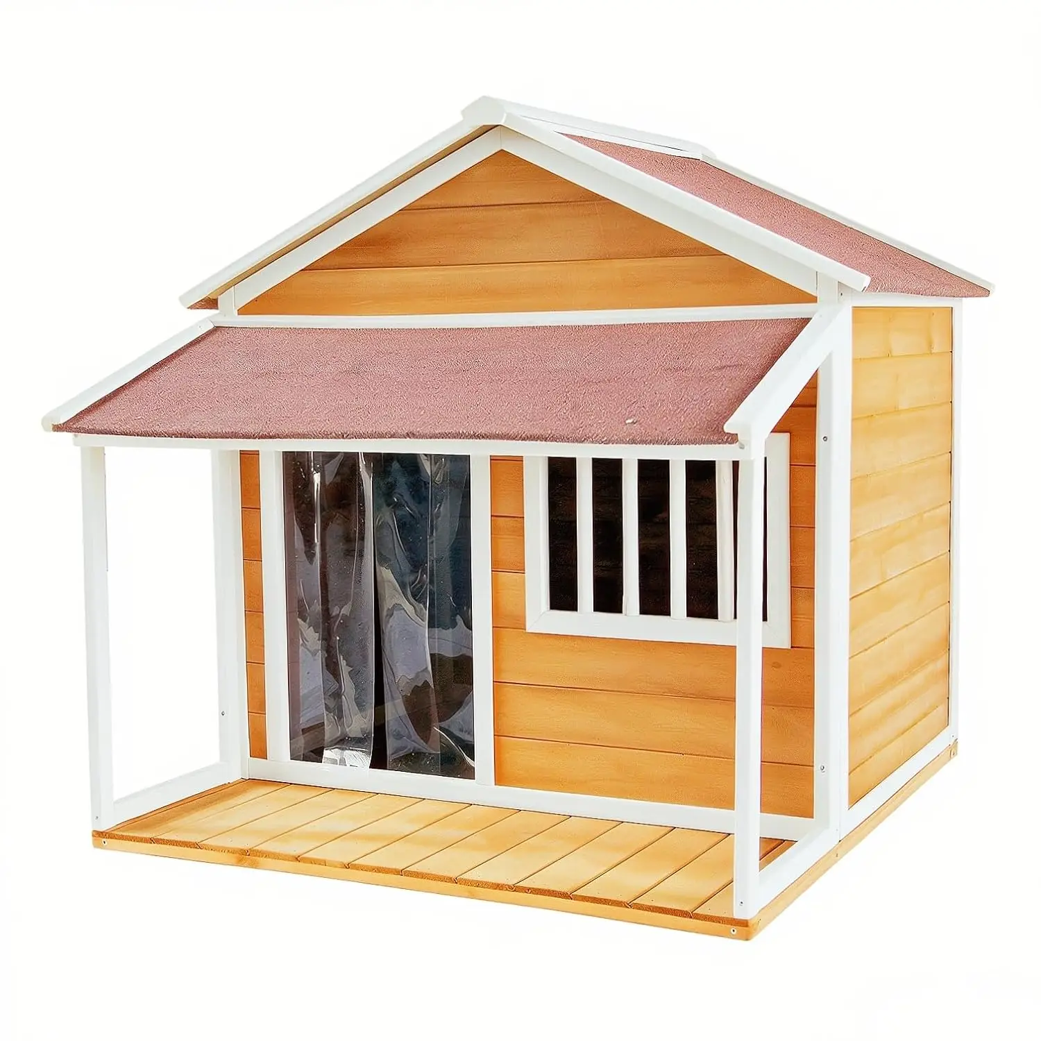 Outdoor Wooden Dog House Porch Asphalt Roof Weatherproof Pet Kennel Shelter Ventilation Window Plastic Door Flap, Customized