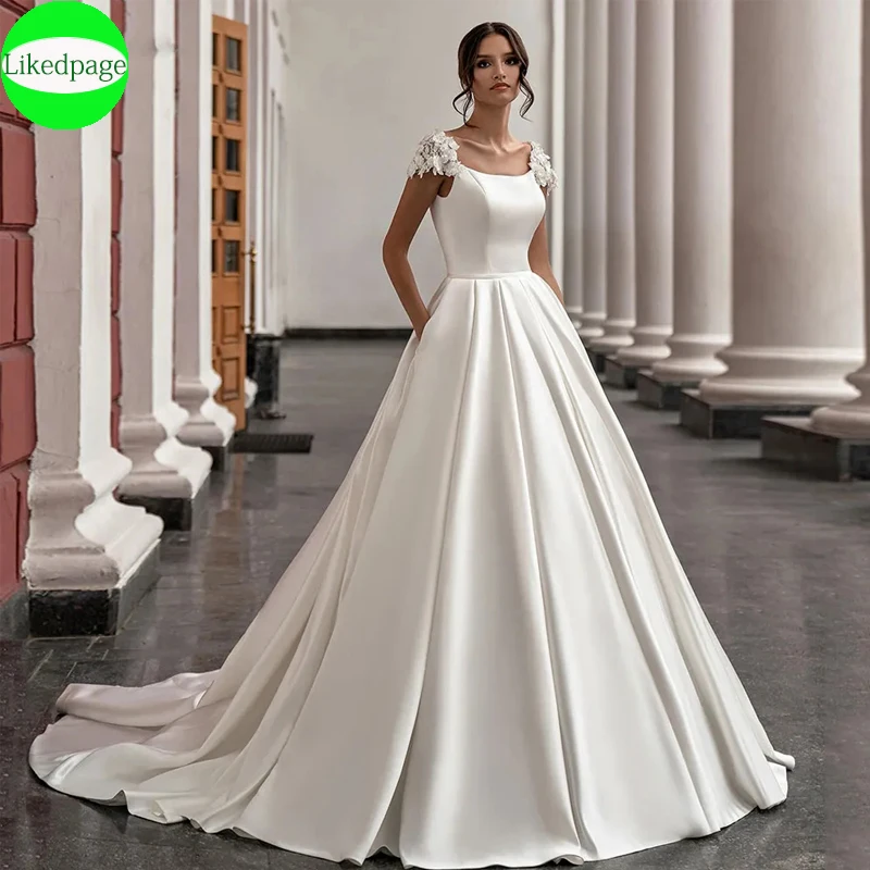 

Simple Satin Cap-Sleeve Appliques Wedding Dresses For Women2023 With Pockets Vestido De Novia Boat Neck Chaple Train Robe Mariée