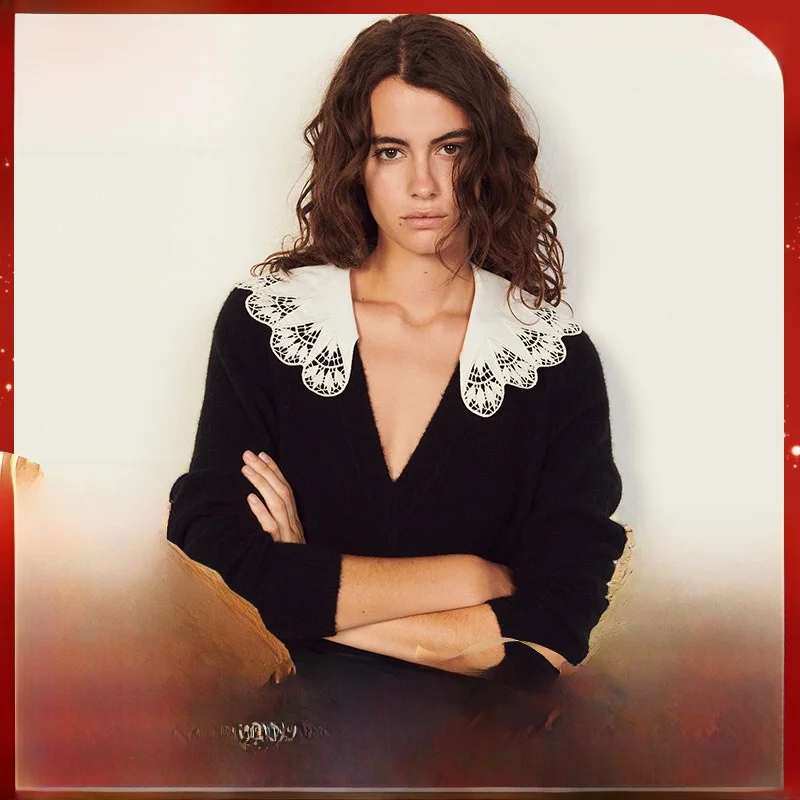 

MaSande Knitted Hollow out Lace Collar Top Women's Faion Autumn Winter V-ne Pullover Loose Fit Regular Length OL Sle