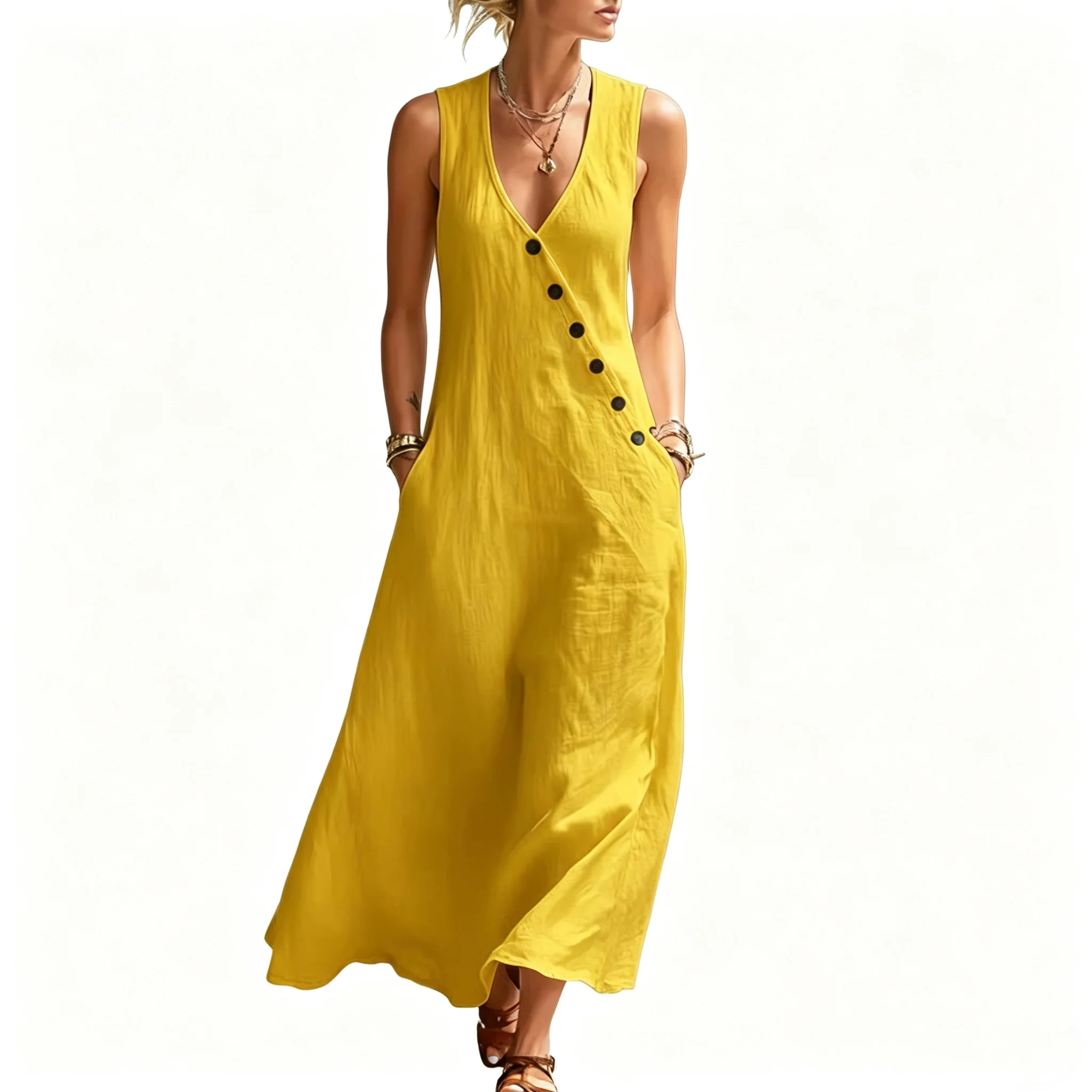 

2026 Summer Women's Cotton Linen Maxi Dress Sleeveless V Neck Button Down Loose Long Dresses for Women Beach Holiday Robe Femme