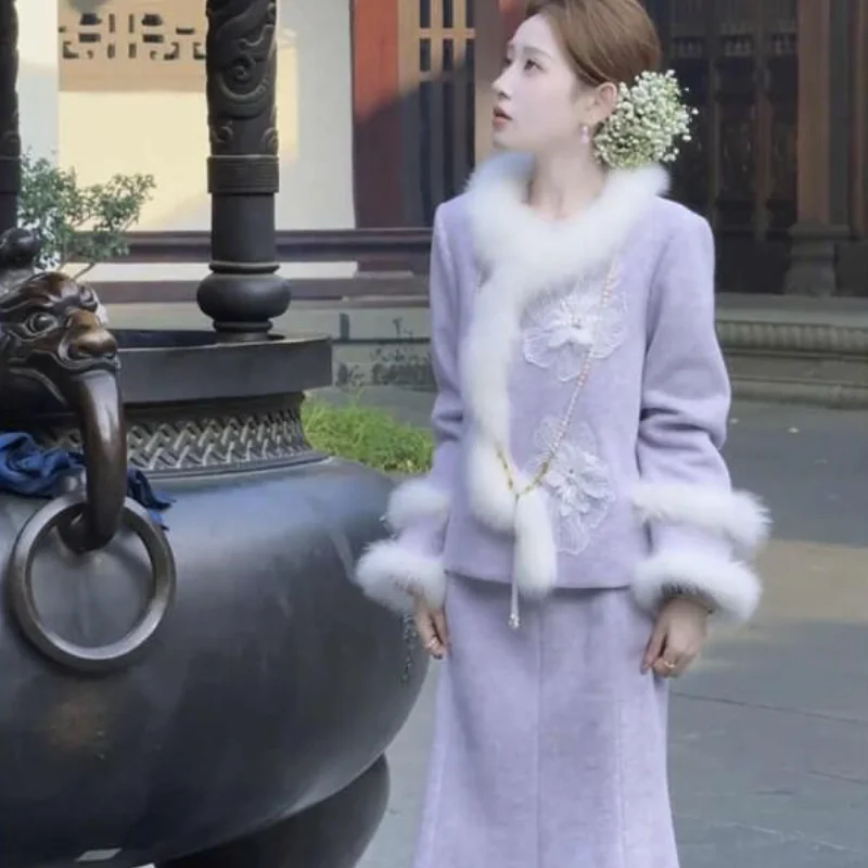 

Модный комплект для девушек: куртка и юбка в китайском стиле с меховой отделкой, повседневный, зимний, молодежный, коллекция 2026